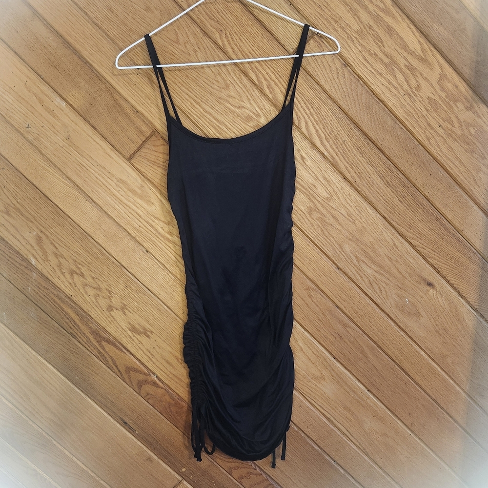 5B Style black bodycon ruched side tie bottom spaghetti strap medium dress